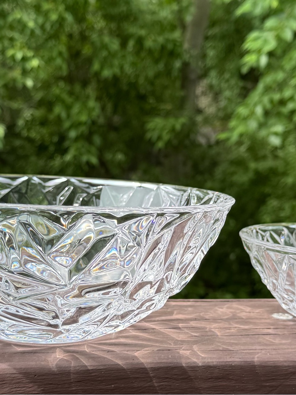 Tiffany & Co. Rock Cut Crystal Serving Bowl Set and Votive Candle Holder.